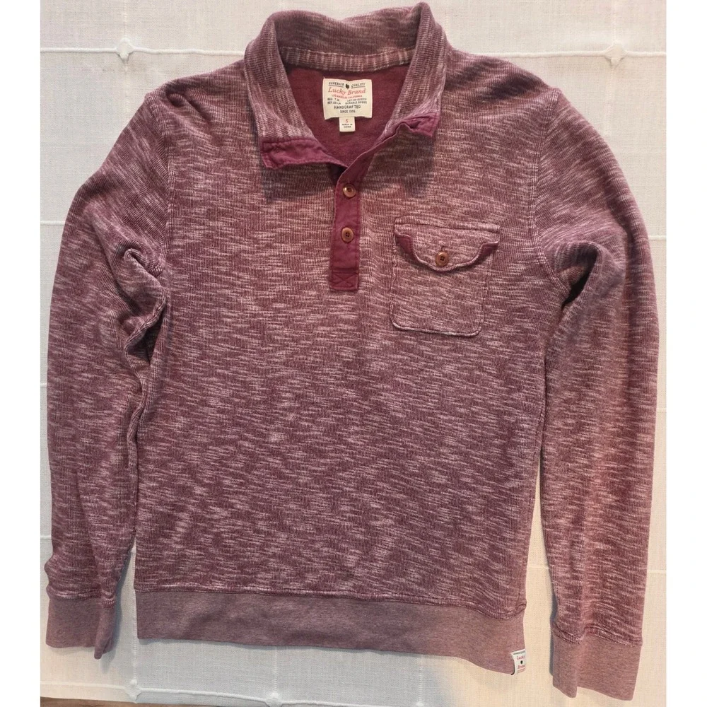 Lucky Brand Mens Space Dye Henley Sweatshirt Burgundy Small Pullover Pocket